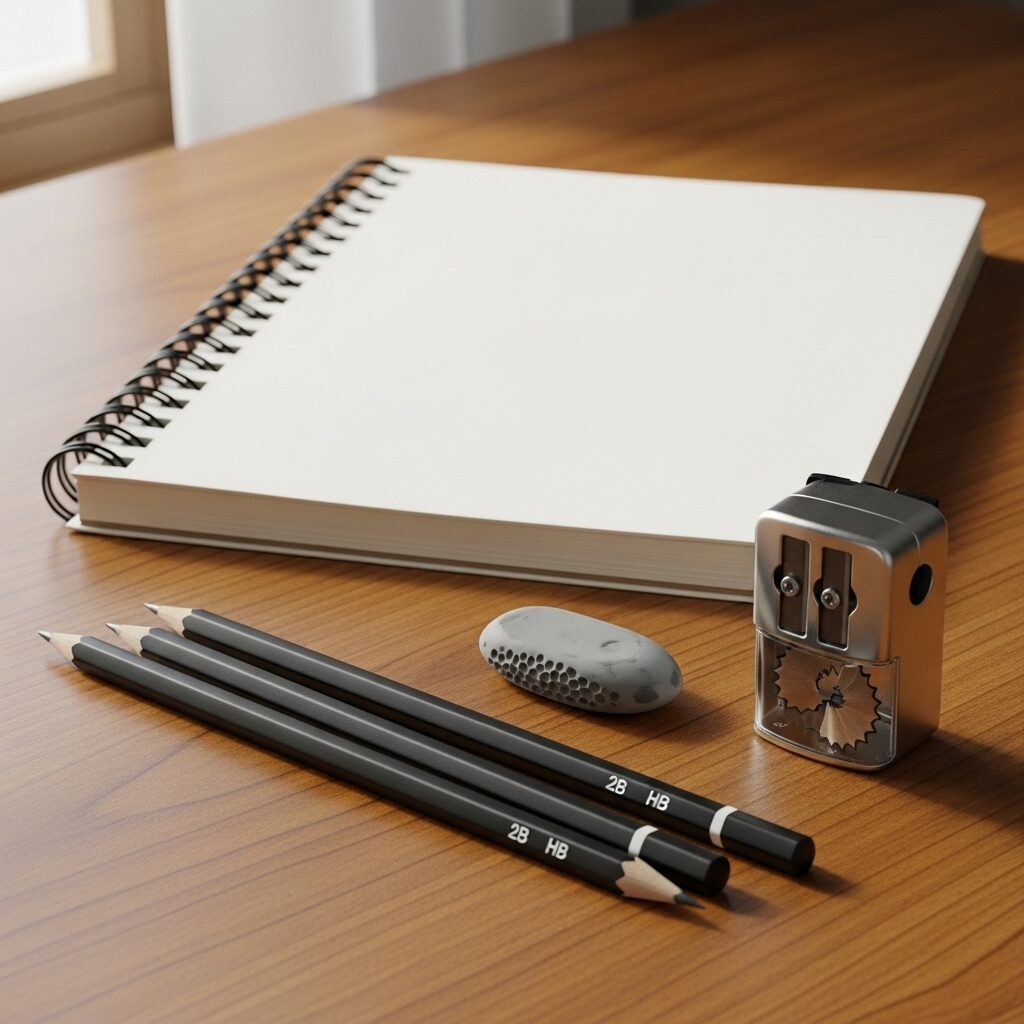 A flat lay of essential drawing supplies for beginners, including a sketchbook, pencils, and an eraser, ready for learning easy drawing subjects.