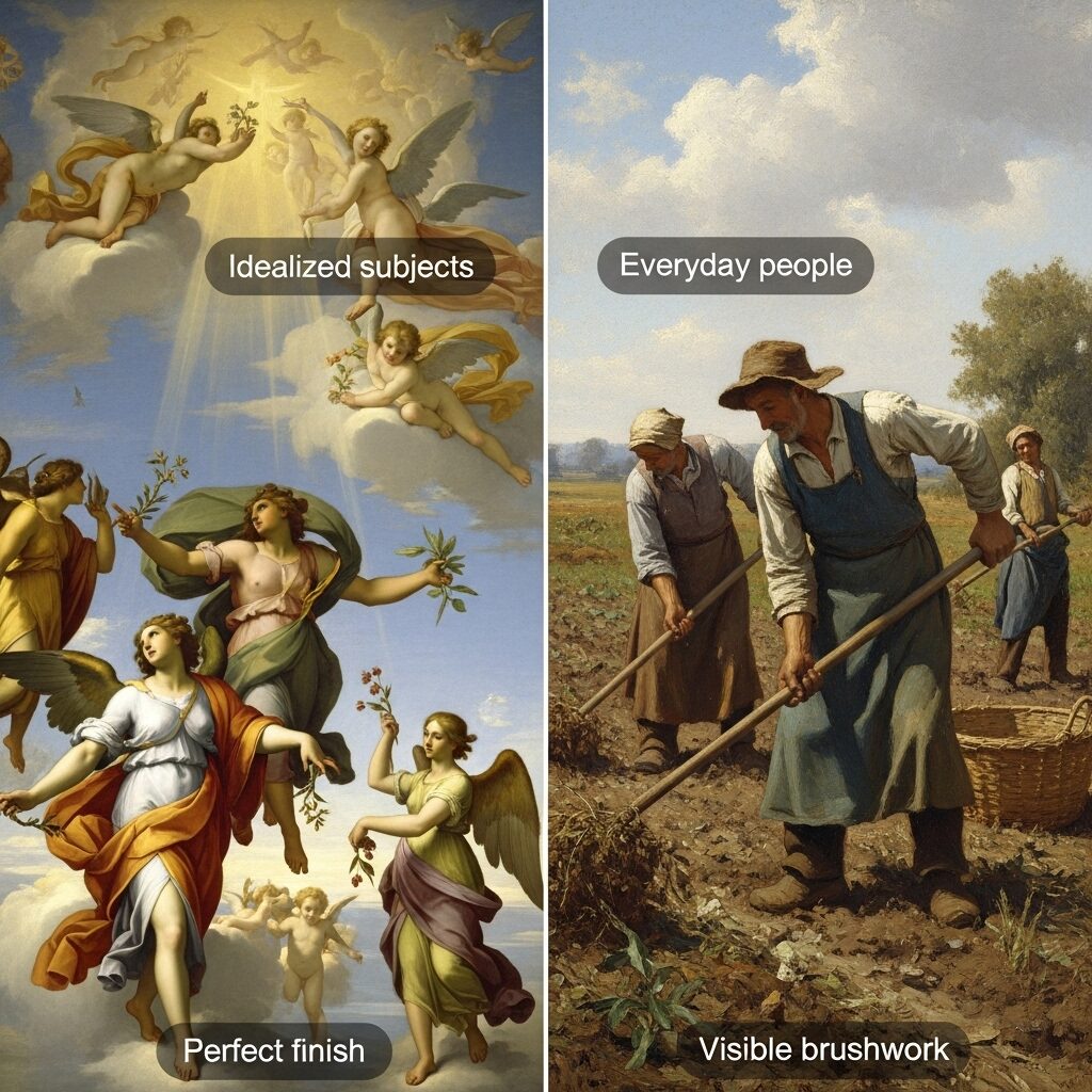 What is Realism Art? The Ultimate Guide to Understanding This Revolutionary Movement 4 Comparison between Academic painting with mythological subjects and Realism Art showing everyday farmers working, highlighting the revolutionary difference in artistic approach