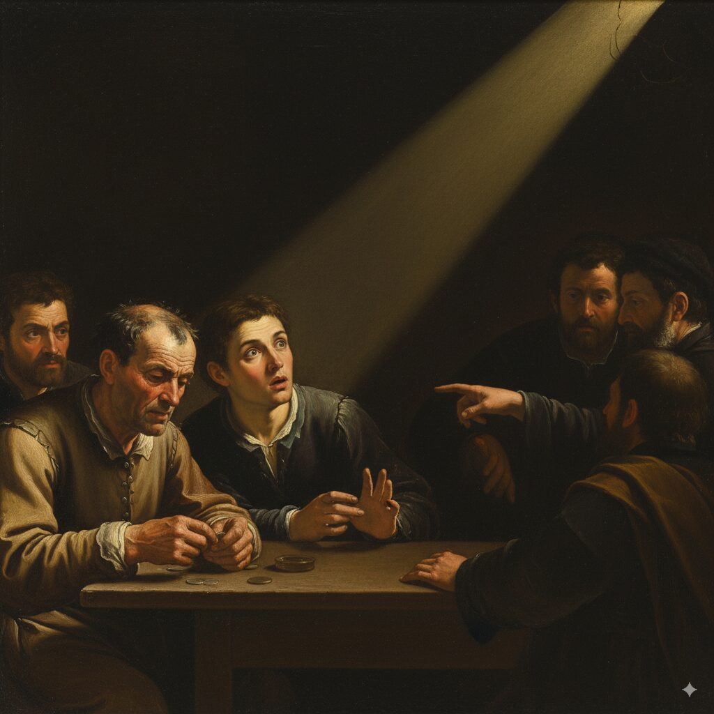 The Baroque Movement in Art: A Complete Guide to Drama, Grandeur, and Revolutionary Creativity 8 Caravaggio's chiaroscuro painting technique showing dramatic light and shadow contrasts in The Calling of Saint Matthew with realistic human figures
