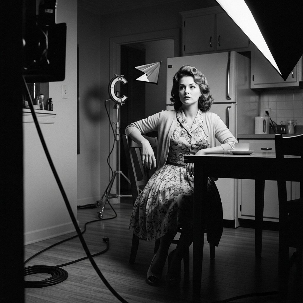 Black and white photograph in style of Cindy Sherman's Untitled Film Stills showing woman in 1950s domestic setting with cinematic lighting