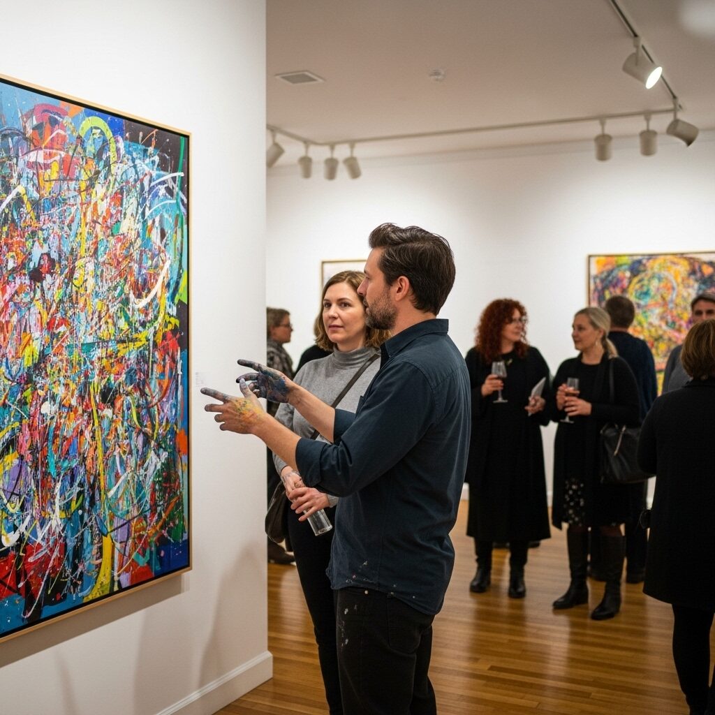 Cracking the Code: How to Achieve Modern Painter Recognition in Today's Art World 6 Professional networking at contemporary art gallery opening with artists discussing modern paintings with curator, demonstrating relationship building for modern painter recognition