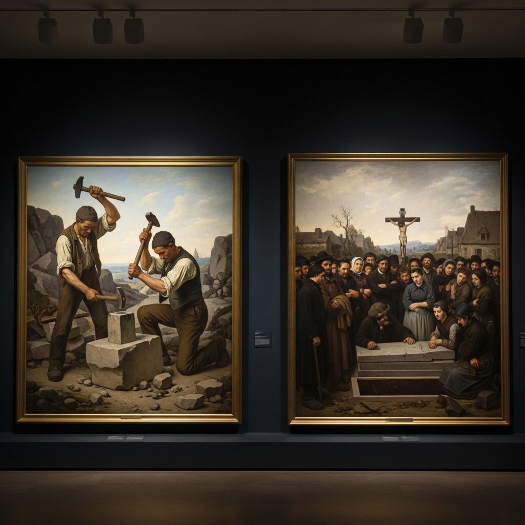 What is Realism Art? The Ultimate Guide to Understanding This Revolutionary Movement 5 Gustave Courbet's famous Realism Art paintings The Stone Breakers and A Burial at Ornans displayed side by side showing revolutionary treatment of ordinary subjects