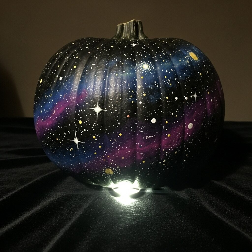 A close-up of a pumpkin painted to look like a galaxy with black, purple, blue, and pink swirls and white paint splatters for stars.