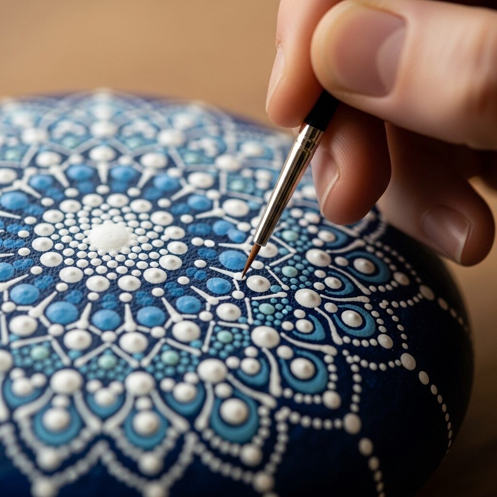 A close-up of a hand painting a detailed white mandala design with small dots on a smooth, dark blue rock.