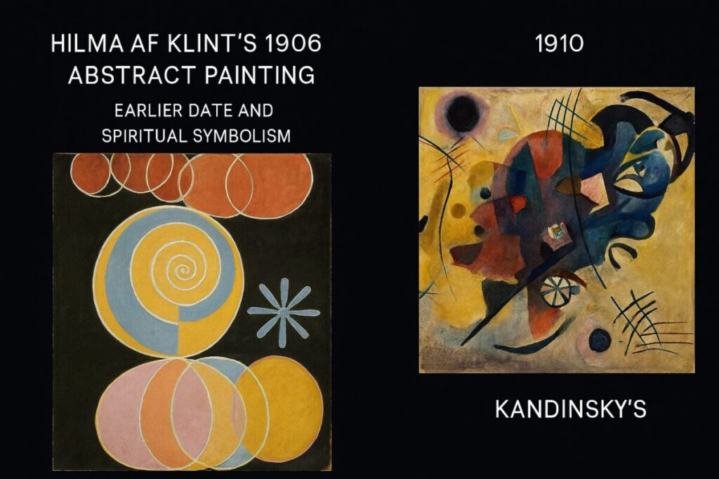Abstract Art Movements: From Kandinsky to Contemporary Digital Art 4 Comparison showing Hilma af Klint's 1906 abstract painting next to Kandinsky's 1910 work, highlighting the earlier date and spiritual symbolism in af Klint's piece