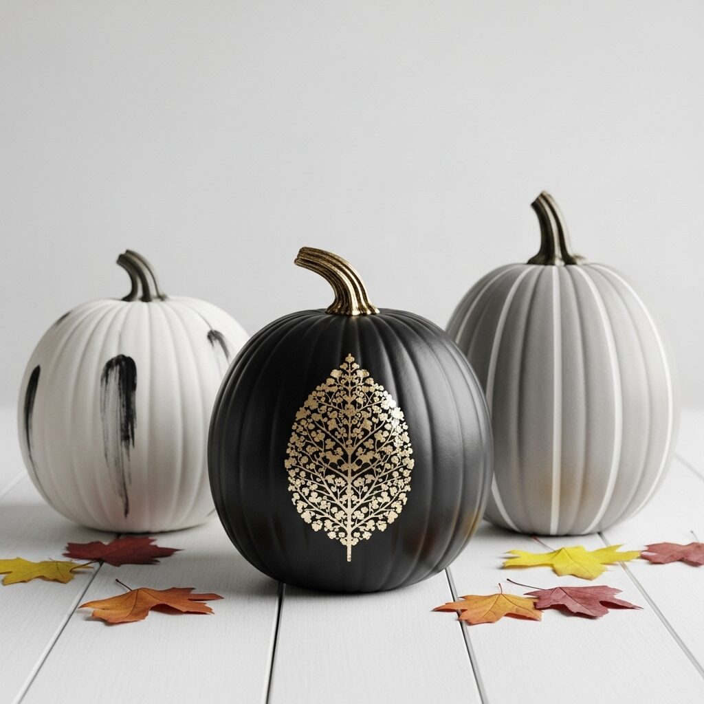 Three pumpkins painted in elegant, minimalist designs: a black pumpkin with a gold leaf, a white pumpkin with black brushstrokes, and a gray pumpkin with stripes.