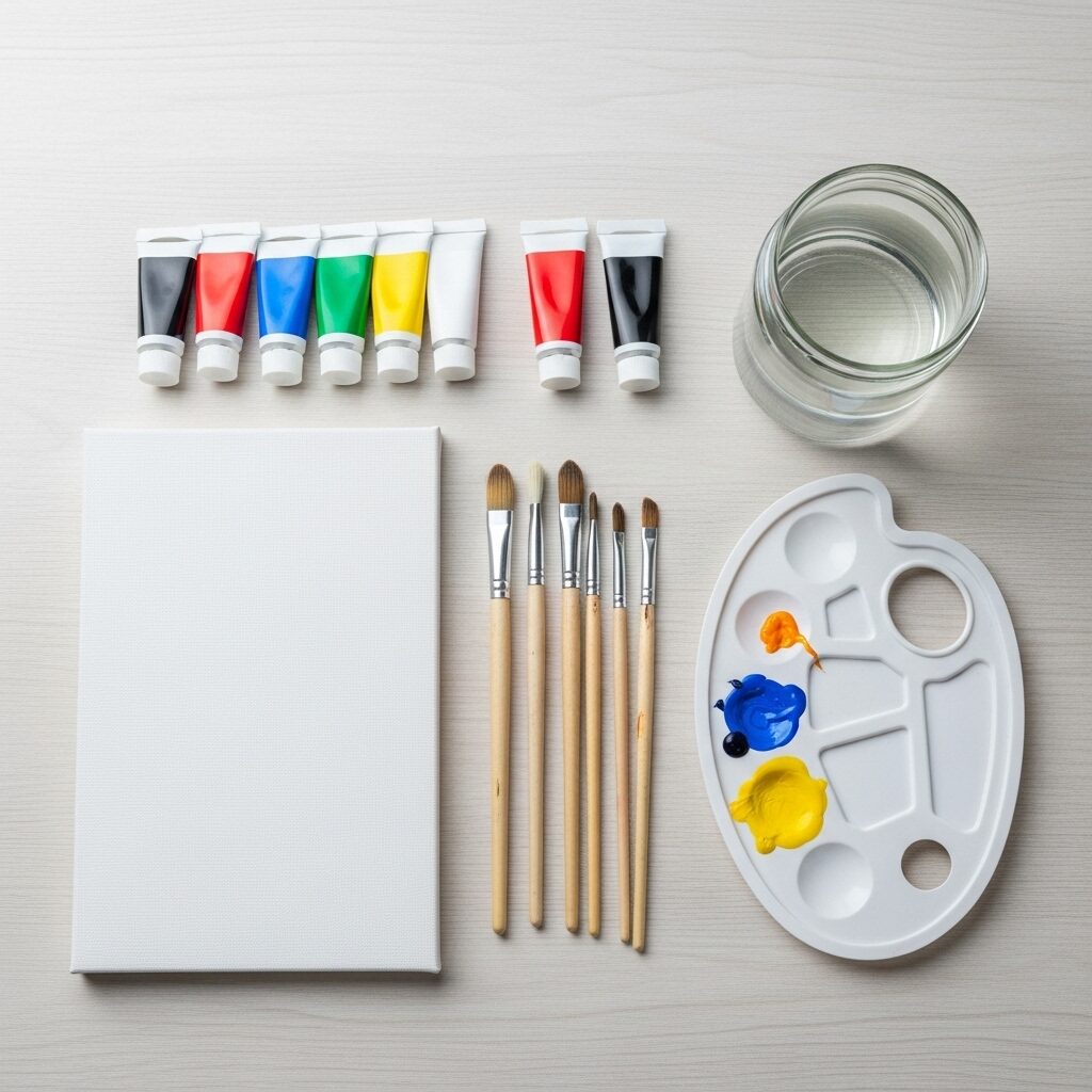 A flat lay photograph showing essential art supplies for painting flowers, including acrylic paints, assorted brushes, and a blank canvas.