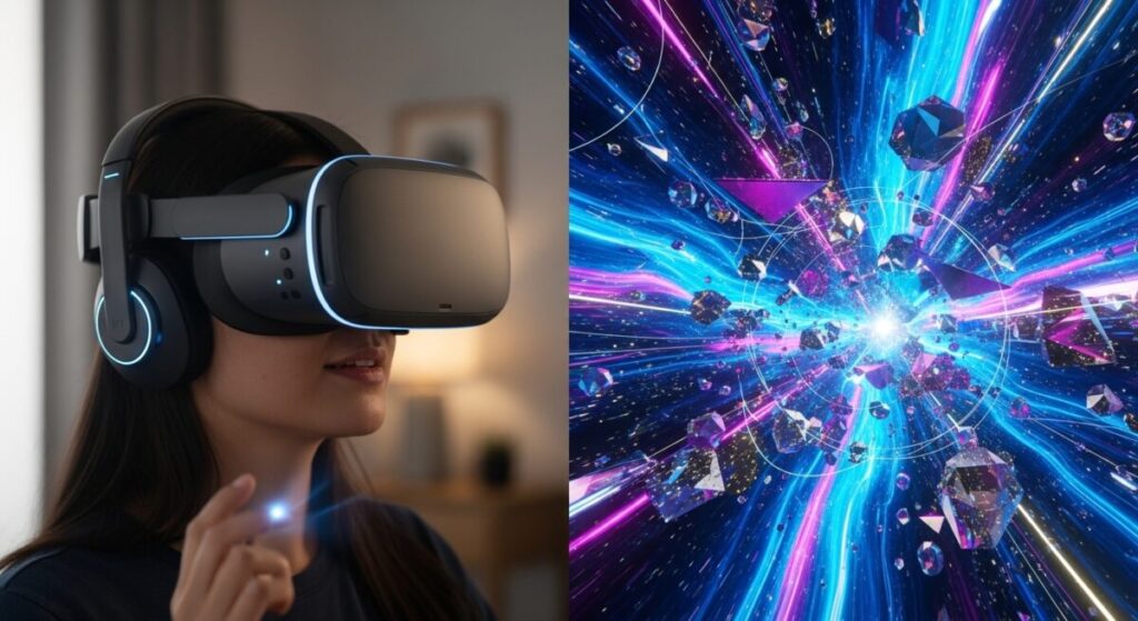Abstract Art Movements: From Kandinsky to Contemporary Digital Art 8 Split screen showing a person wearing VR headset on the left, and their view inside a colorful abstract virtual environment on the right, demonstrating immersive digital art
