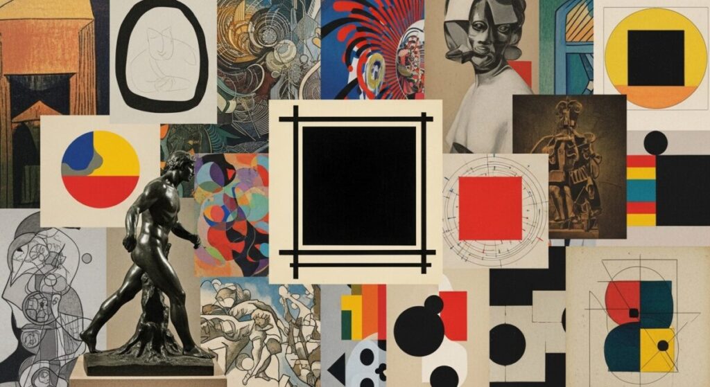 Exploring Lesser-Known Avant-Garde art styles: A visually rich collage showcasing representative works from various influential early 20th-century avant-garde art movements, including dynamic Futurist compositions, minimalist Suprematist geometric forms, and utilitarian Constructivist designs.