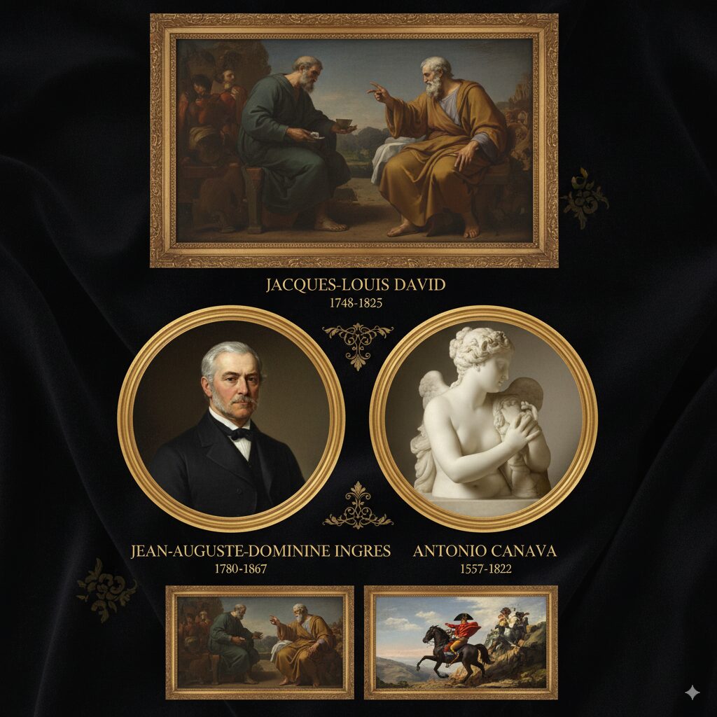 Neoclassicism Art Movement: The Complete Guide to Classical Revival in Art 6 Famous Neoclassical artists Jacques-Louis David, Jean-Auguste-Dominique Ingres, and Antonio Canova with their masterpiece artworks collage