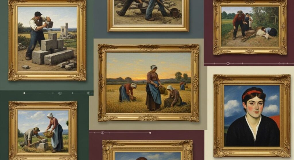 How to Identify Realism Art: Key Characteristics for Art Enthusiasts 11 A montage displaying iconic 19th-century Realism paintings by artists like Gustave Courbet and Jean-François Millet, showcased within elegant museum galleries, illustrating the movement's visual impact and characteristics for easy identification.