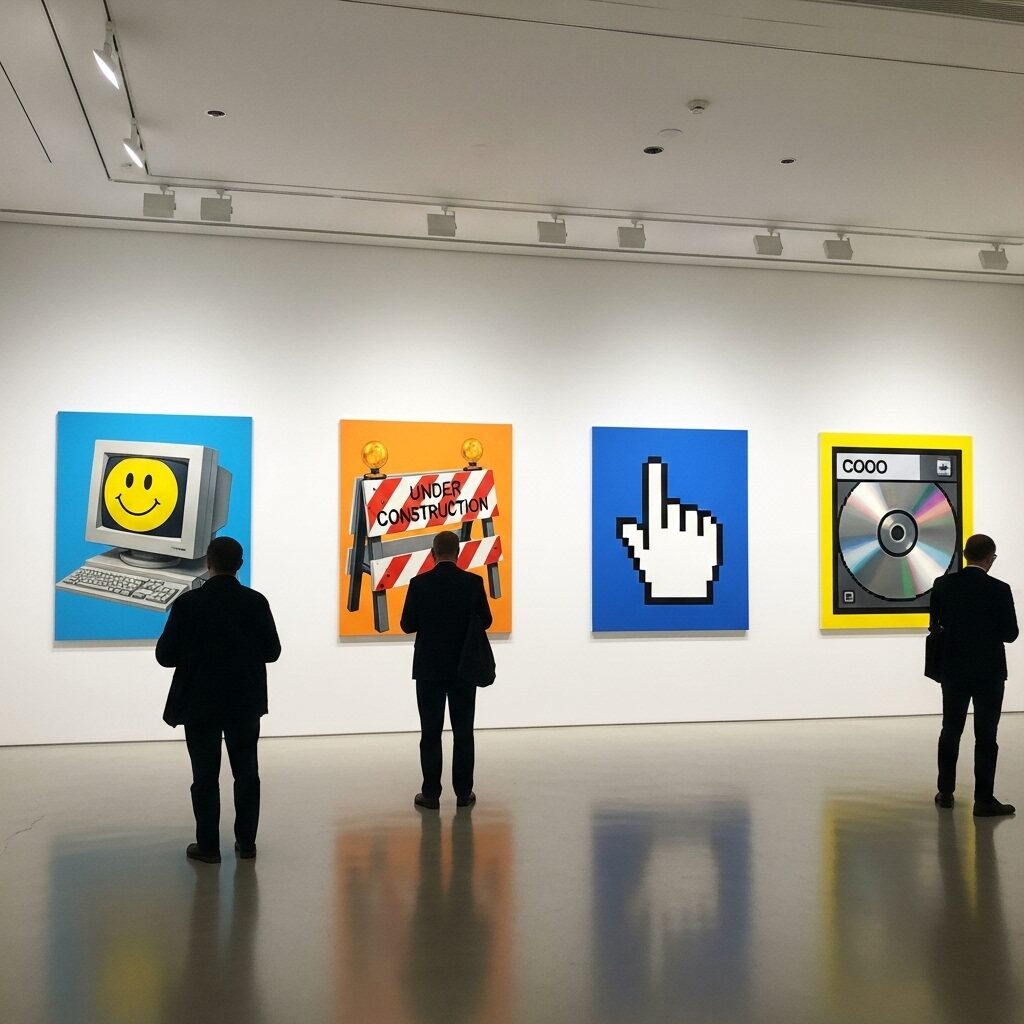 From Office Clipboards to Canvas: How Clip Art Became Fine Art 10 Split image contrasting weightless digital clip art file on computer screen with textured physical oil painting showing the transformation from infinite reproduction to unique object