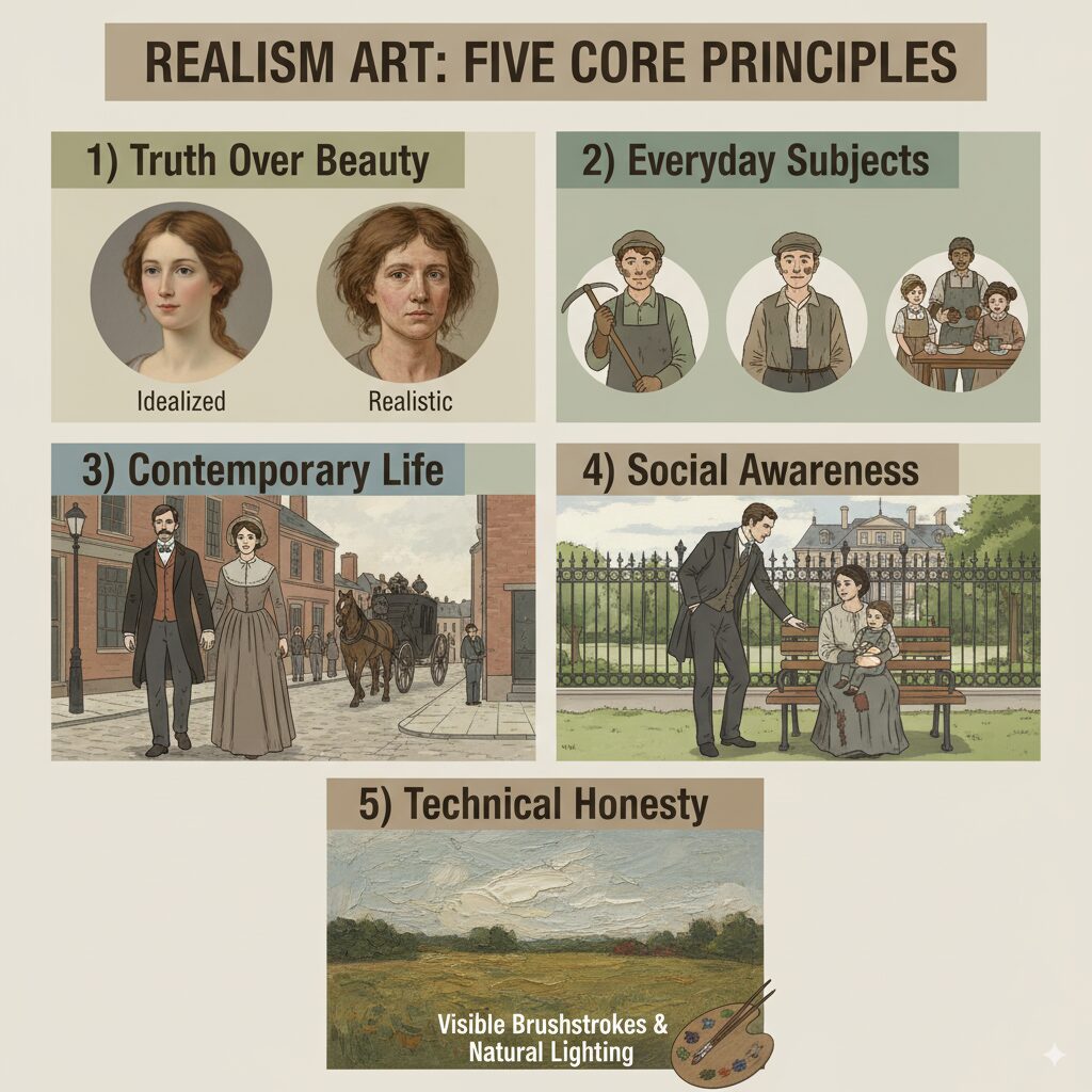 What is Realism Art? The Ultimate Guide to Understanding This Revolutionary Movement 6 Educational infographic showing five core principles of Realism Art movement with visual examples of truth over beauty, everyday subjects, and technical honesty