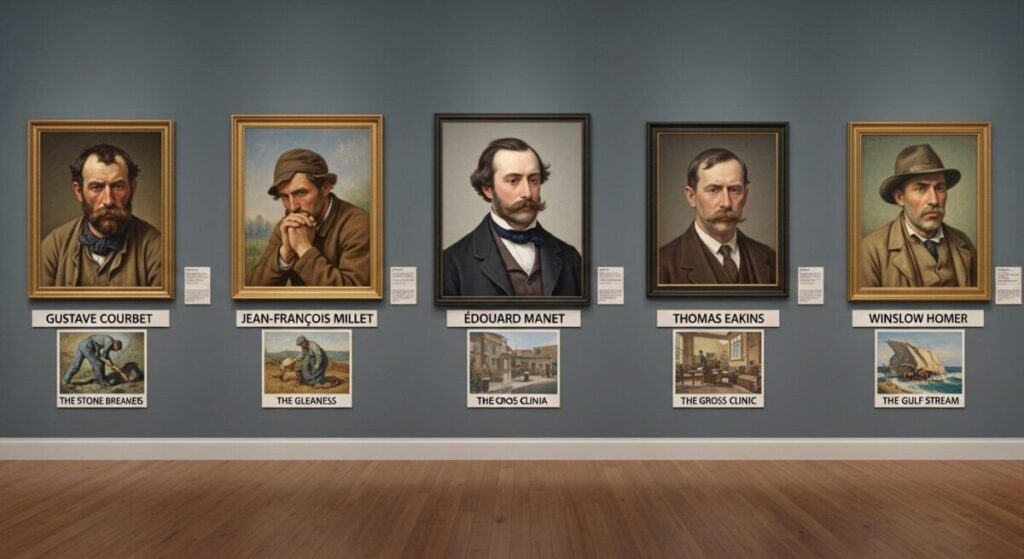 How to Identify Realism Art: Key Characteristics for Art Enthusiasts 5 A curated portrait gallery featuring five pivotal Realism artists: Gustave Courbet, Jean-François Millet, Édouard Manet, Thomas Eakins, and Winslow Homer, presented with visual examples of their most renowned works.