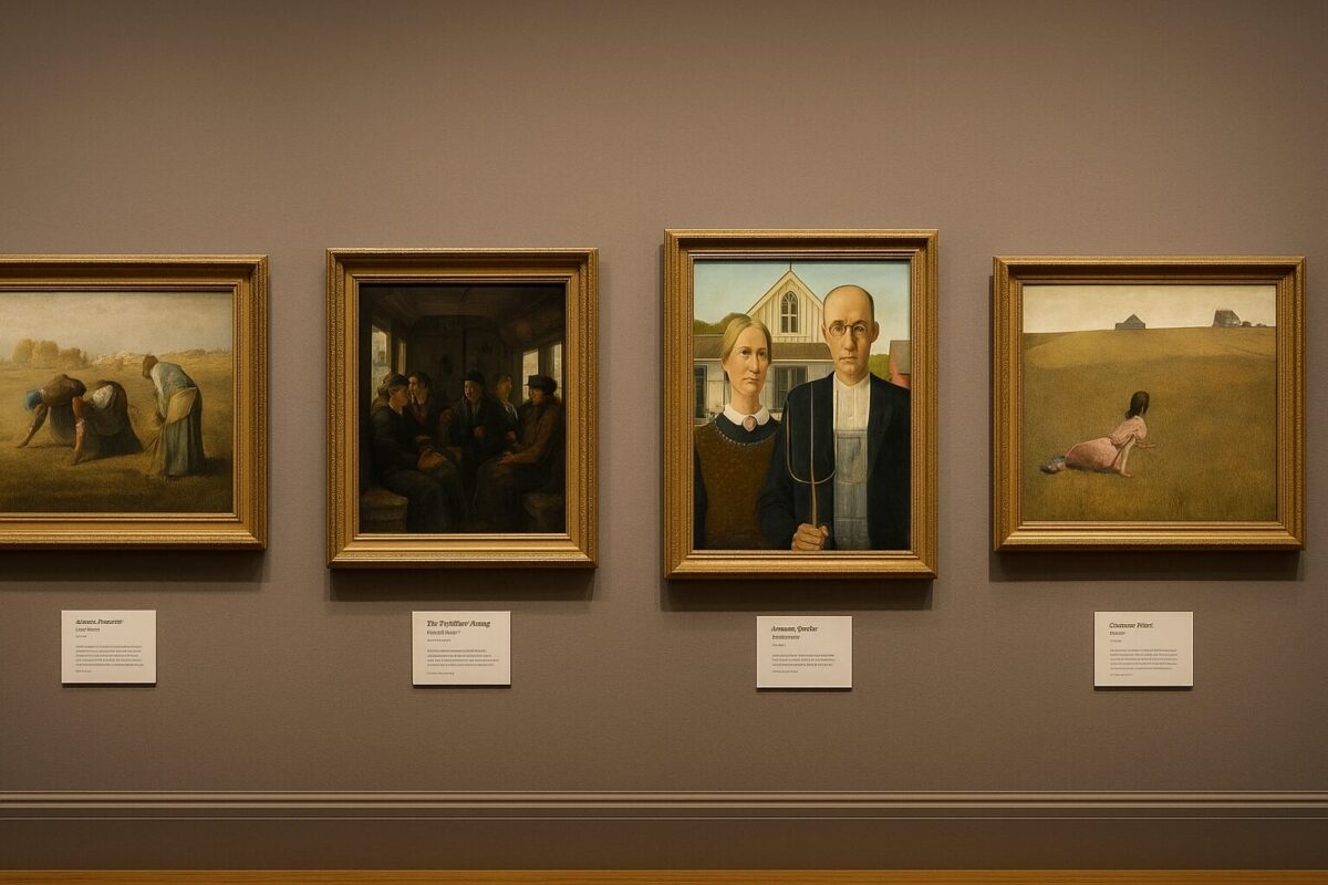 What is Realism Art? The Ultimate Guide to Understanding This Revolutionary Movement 9 Gallery wall displaying famous Realism Art masterpieces including The Gleaners, American Gothic, and Christina's World in museum setting