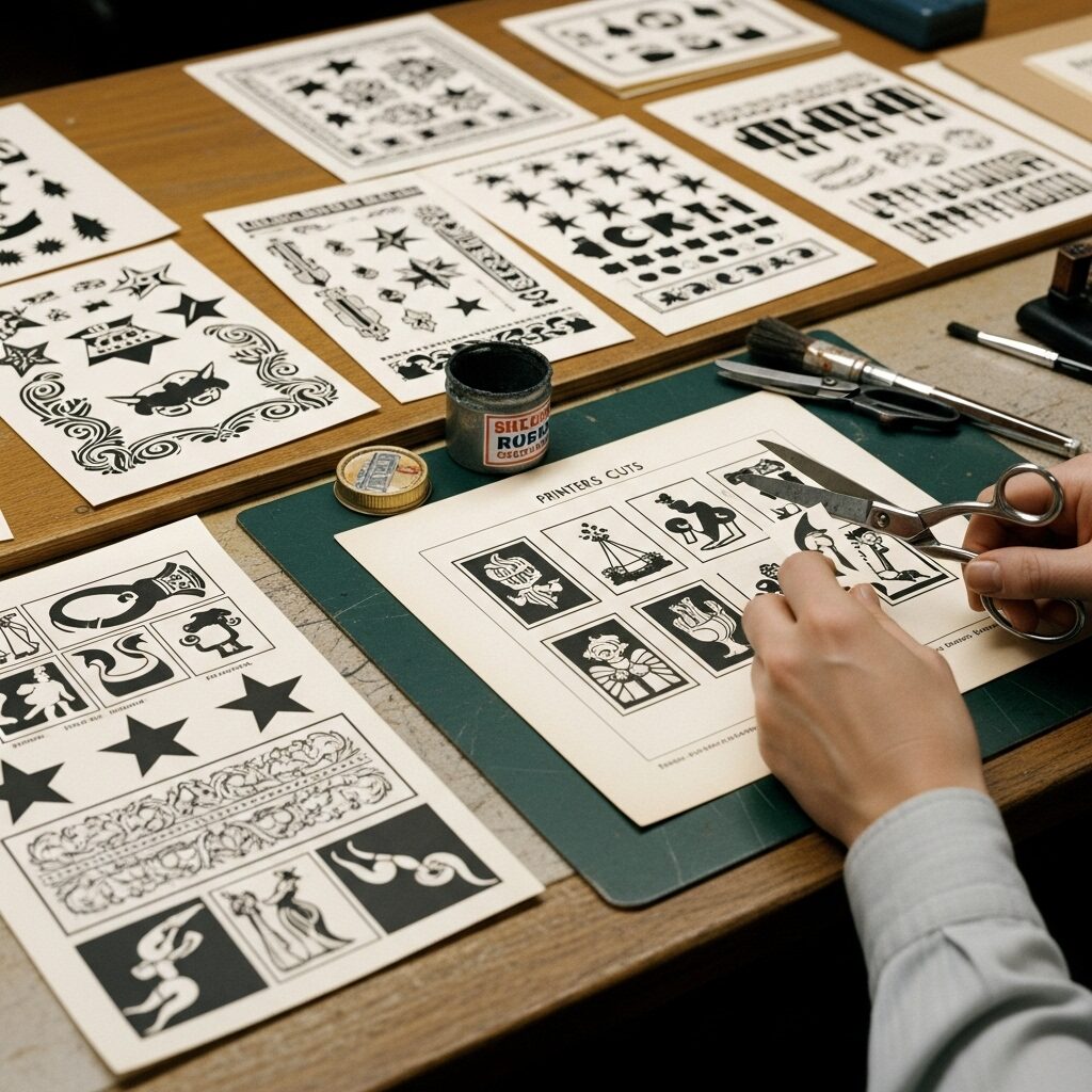 From Office Clipboards to Canvas: How Clip Art Became Fine Art 3 Clip art history: Vintage 1950s printing workshop showing printer's cuts being physically clipped with scissors and pasted onto mechanical layouts with rubber cement