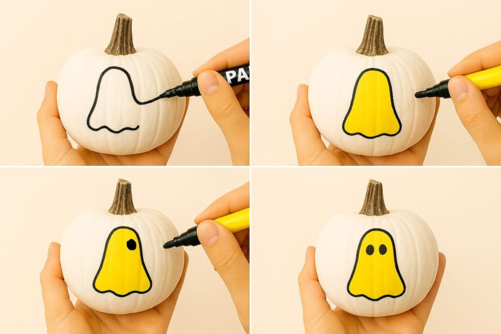 A four-step visual guide showing how to use a black paint pen to draw a ghost silhouette on a white pumpkin, perfect for easy Halloween decorations.