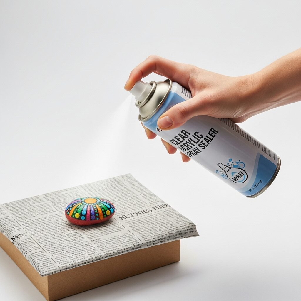 A hand using a clear acrylic spray sealer to protect a finished acrylic-painted rock.