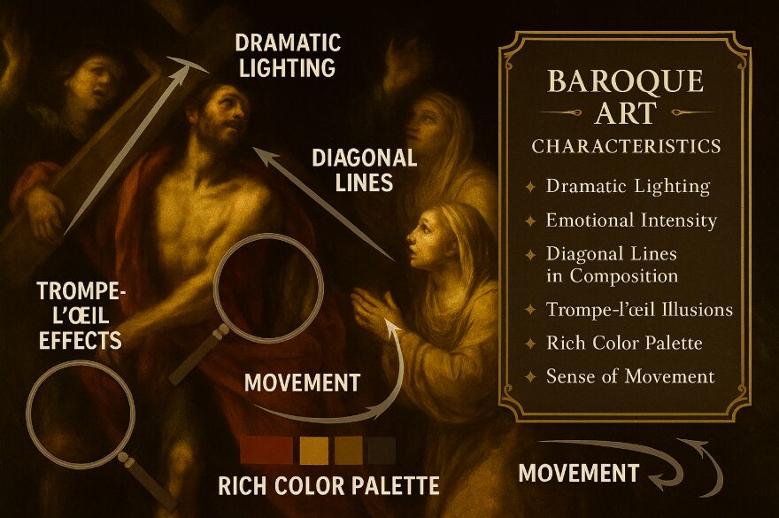 The Baroque Movement in Art: A Complete Guide to Drama, Grandeur, and Revolutionary Creativity 7 Educational guide showing how to identify baroque art features including chiaroscuro lighting, emotional intensity, dynamic movement, and dramatic composition.