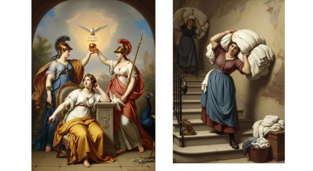 How to Identify Realism Art: Key Characteristics for Art Enthusiasts 6 A split comparison illustrates the stark differences between a dramatic, idealized mythological Academic painting and a naturalistic Realist painting depicting an ordinary, unembellished everyday scene, highlighting key characteristics for art identification.