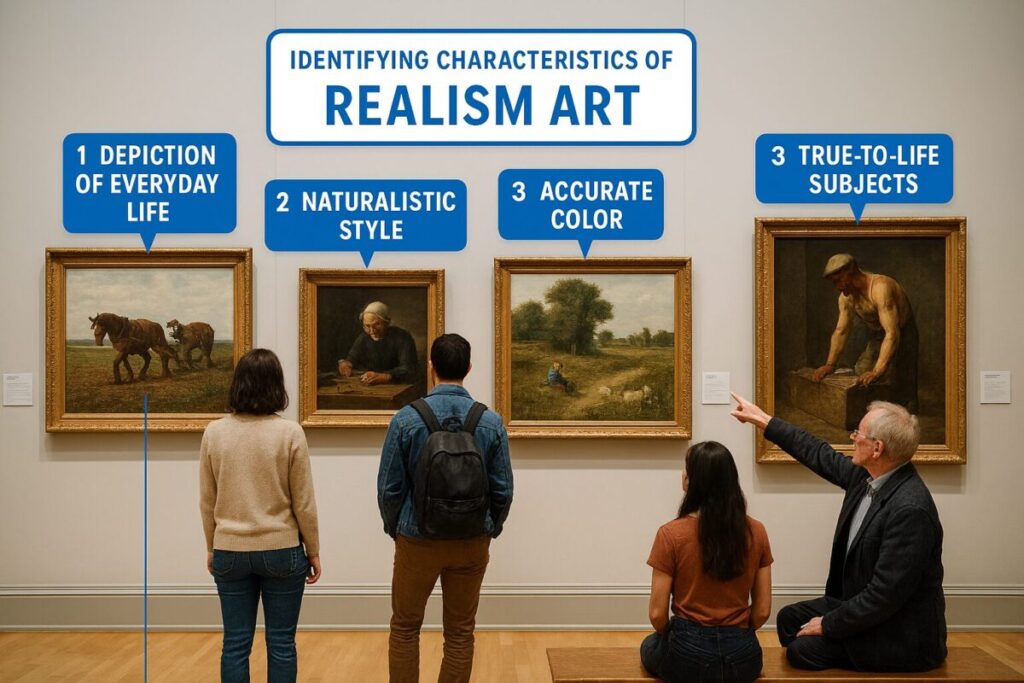 How to Identify Realism Art: Key Characteristics for Art Enthusiasts 9 A museum gallery scene where visitors are actively applying a step-by-step identification method, highlighted with digital callouts, to recognize key characteristics of Realism Art in various paintings.