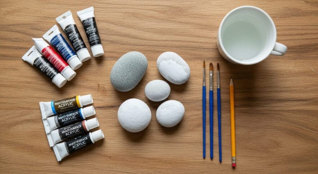 Acrylic painting on rocks: A collection of essential supplies for rock painting, including clean river rocks, a set of acrylic paints, and a variety of small brushes.
