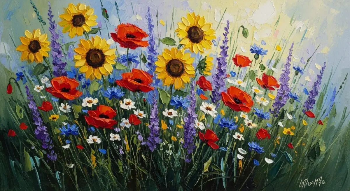A Beginner's Guide: How to Paint Flowers for Beginners 7 A close-up painting of wild, impressionist-style wildflowers with loose brushstrokes and a vibrant color palette.