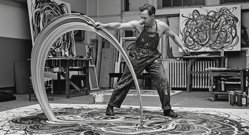 Abstract Art Movements: From Kandinsky to Contemporary Digital Art 6 Jackson Pollock in action, mid-pour over a large canvas on the floor, paint streaming from his hand, showing the physical intensity of his technique