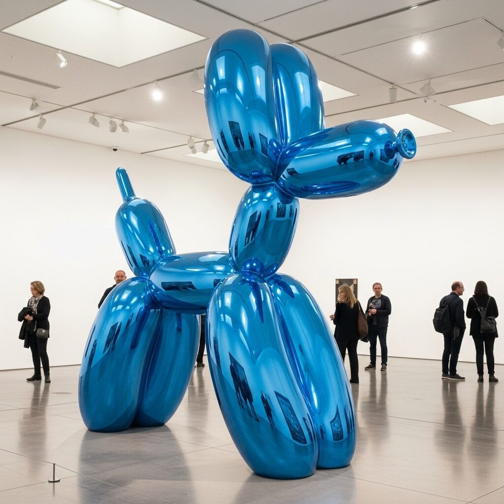 Jeff Koons large-scale Balloon Dog sculpture in polished stainless steel displayed in contemporary art gallery