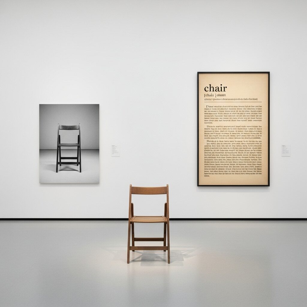 The Conceptual Art Movement: When Ideas Became Art 7 Joseph Kosuth's One and Three Chairs (1965) featuring real chair, photograph, and dictionary definition exploring language and reality in conceptual art