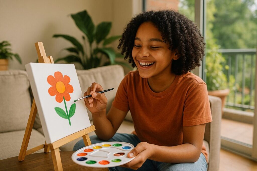 A joyful young person painting a simple flower on a small canvas, demonstrating the accessible and fun nature of painting for beginners.