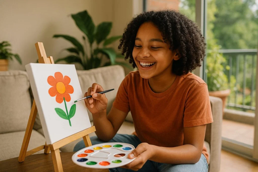 A Beginner's Guide: How to Paint Flowers for Beginners 8 A joyful young person painting a simple flower on a small canvas, demonstrating the accessible and fun nature of painting for beginners.