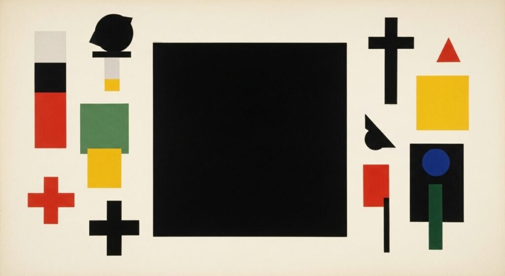 A collage showcasing Kazimir Malevich's groundbreaking 'Black Square' and other Suprematist geometric compositions, highlighting the Russian avant-garde movement's use of pure, basic forms and colors to achieve spiritual expression.