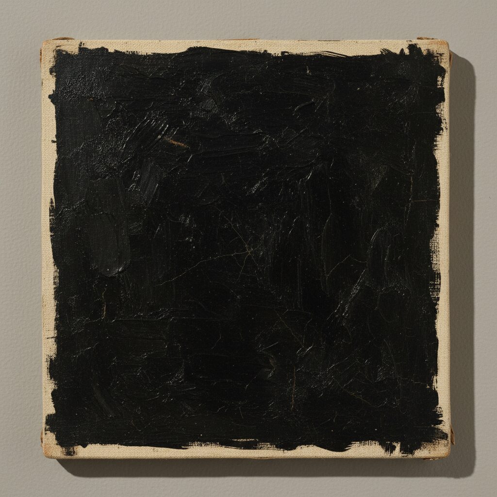 Abstract Art Movements: From Kandinsky to Contemporary Digital Art 5 Malevich's Black Square (1915) centered in frame, with detailed close-up showing the texture and imperfections of the black paint, emphasizing its handmade quality