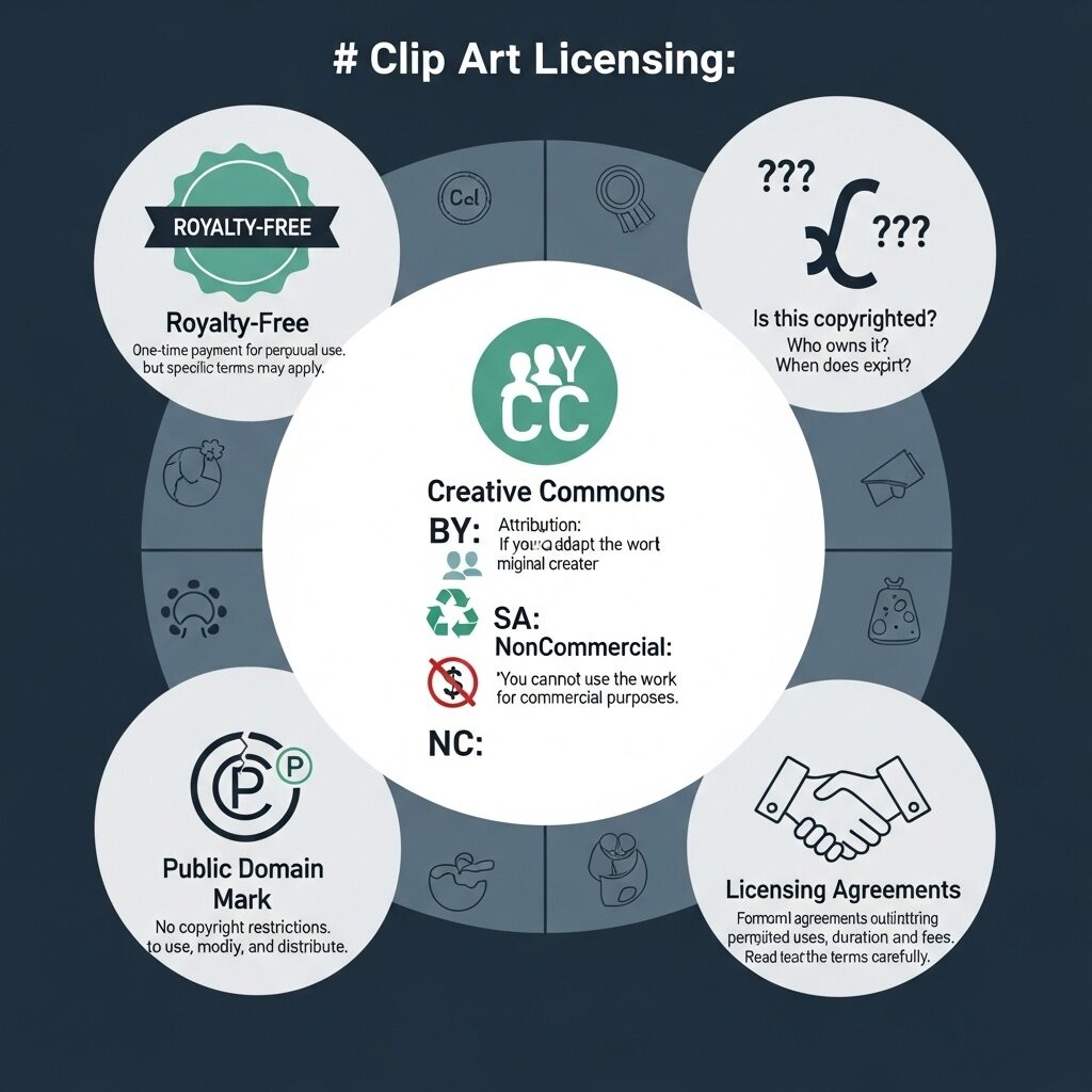 From Office Clipboards to Canvas: How Clip Art Became Fine Art 9 Infographic showing Creative Commons, royalty-free, copyright symbols and licensing concepts that artists must navigate when appropriating clip art