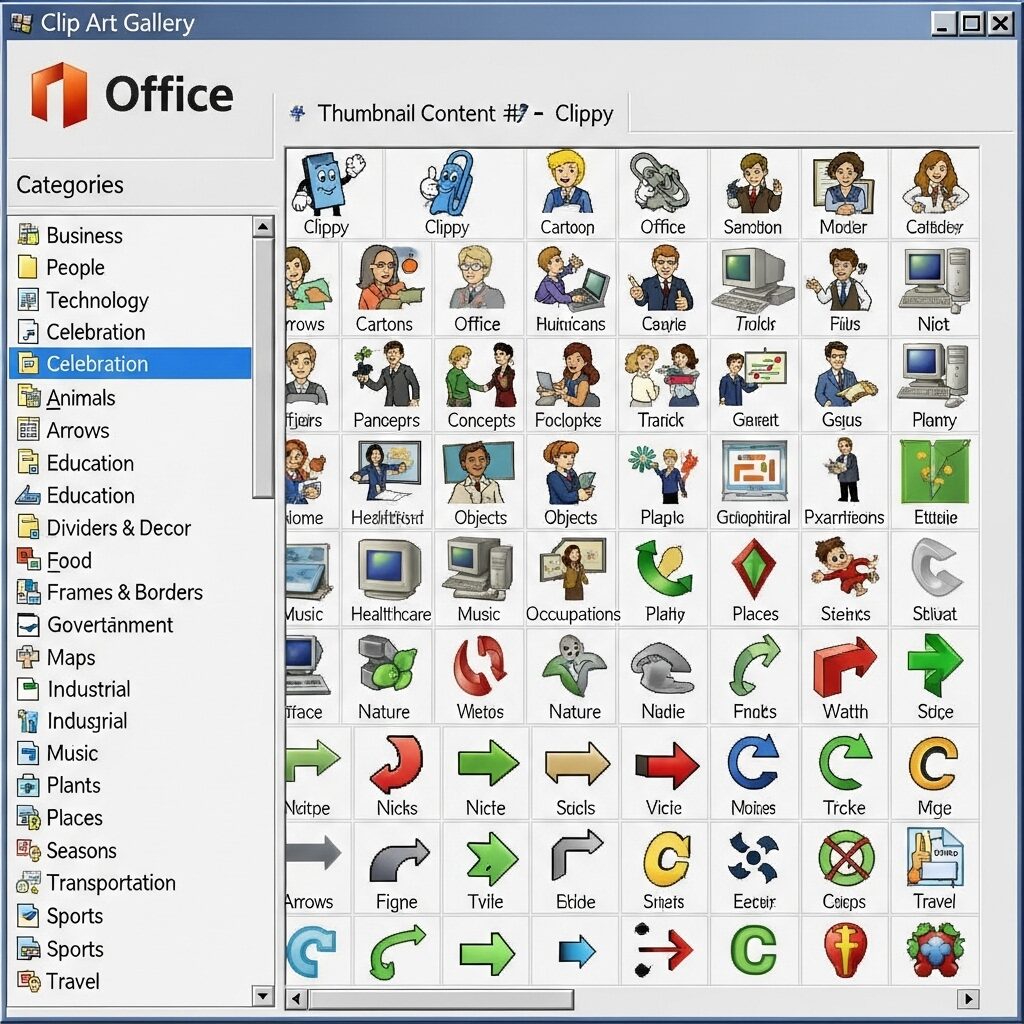 From Office Clipboards to Canvas: How Clip Art Became Fine Art 6 Nostalgic screenshot of Microsoft Word 1990s clip art gallery interface showing categories and thumbnail grid of iconic cartoon illustrations