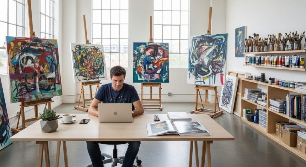 Cracking the Code: How to Achieve Modern Painter Recognition in Today's Art World 3 Modern painter working on laptop in bright art studio surrounded by colorful paintings, easels, and art supplies, representing the blend of traditional art creation and digital marketing for artist recognition