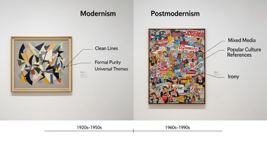 Postmodernism Art Movement: Comparison chart showing differences between modernist abstract painting and postmodern mixed media collage with timeline and characteristic labels