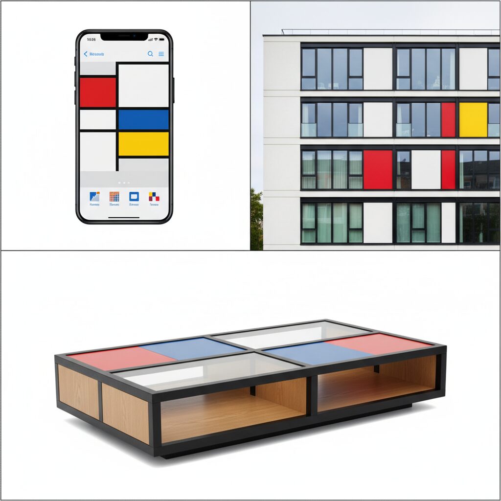 Abstract Art Movements: From Kandinsky to Contemporary Digital Art 9 Modern design examples showing Mondrian's influence - smartphone interface, architectural facade, and furniture design arranged in a grid layout