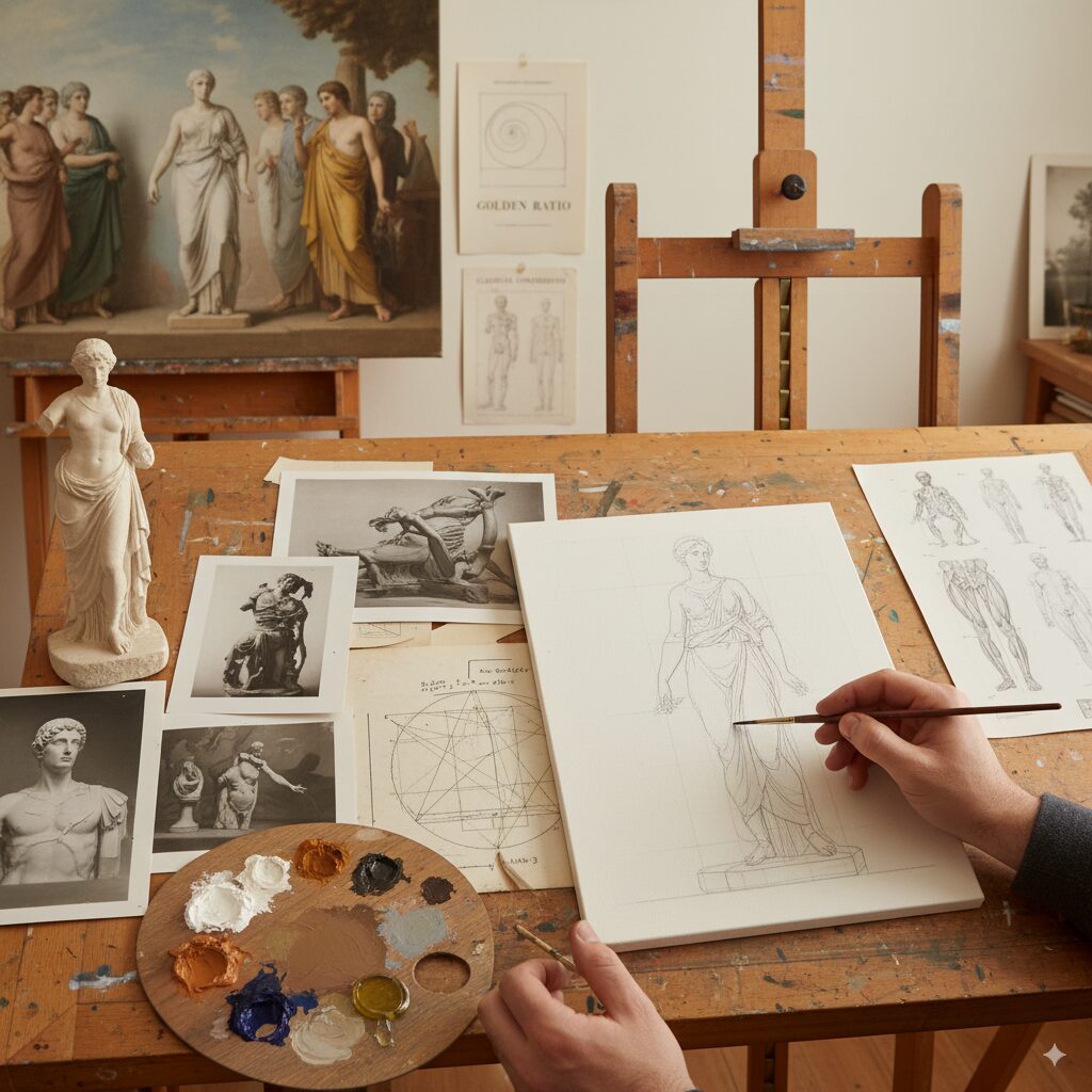 Neoclassicism Art Movement: The Complete Guide to Classical Revival in Art 5 Neoclassical painting techniques demonstration showing linear drawing methods, muted color palette, and classical proportion studies