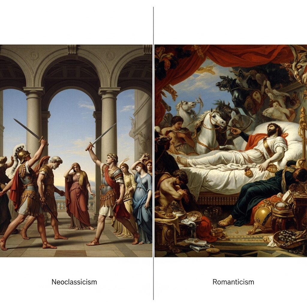 The Romanticism Art Movement: A Revolutionary Journey from Reason to Emotion 4 Side by side comparison showing neoclassical art versus romanticism art movement differences in style composition and subject matter