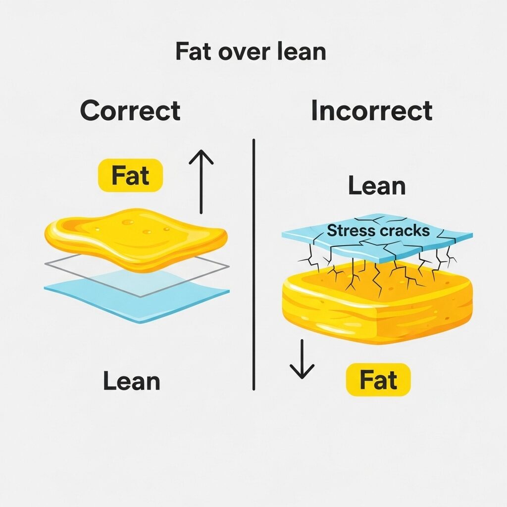 The 3 Rules of Oil Painting: A Foundation for Lasting Art 4 Diagram showing the proper "fat over lean" layering technique for oil painting, contrasting it with the incorrect method that leads to cracking.