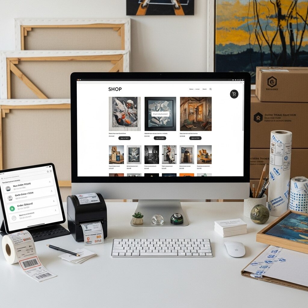 Cracking the Code: How to Achieve Modern Painter Recognition in Today's Art World 7 Professional artist e-commerce setup showing computer with art gallery website, shipping materials, and framed paintings ready for online sales and modern painter recognition success