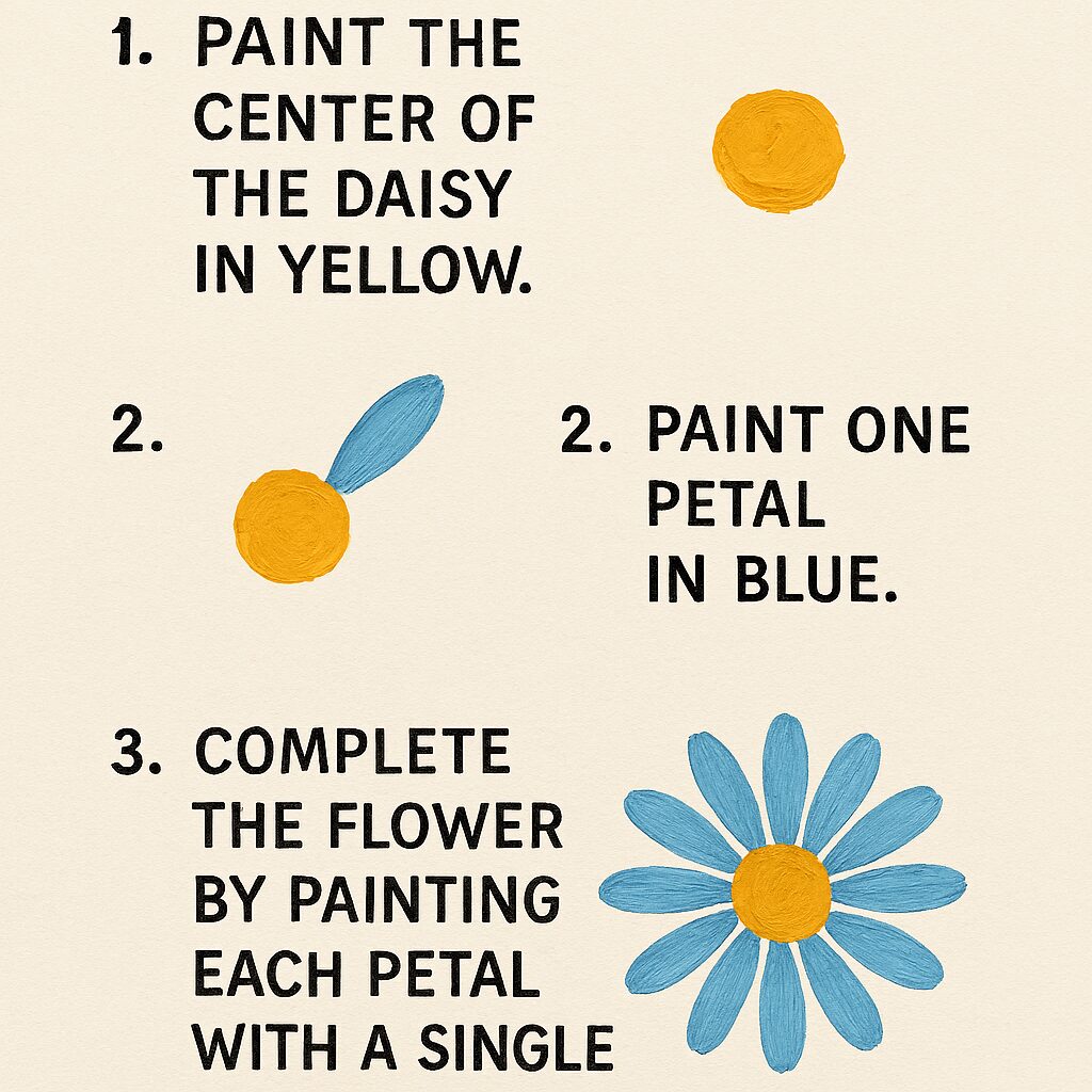An infographic illustrating three simple steps for a beginner to paint a daisy with acrylics or oil paint.