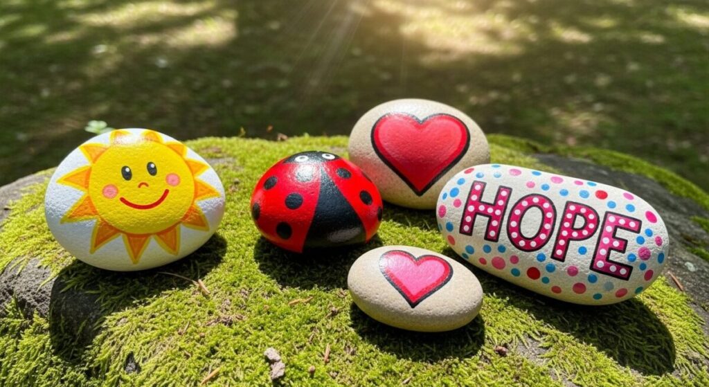 Several hand-painted "kindness rocks" with cheerful designs placed outdoors on a rock and in the grass.
