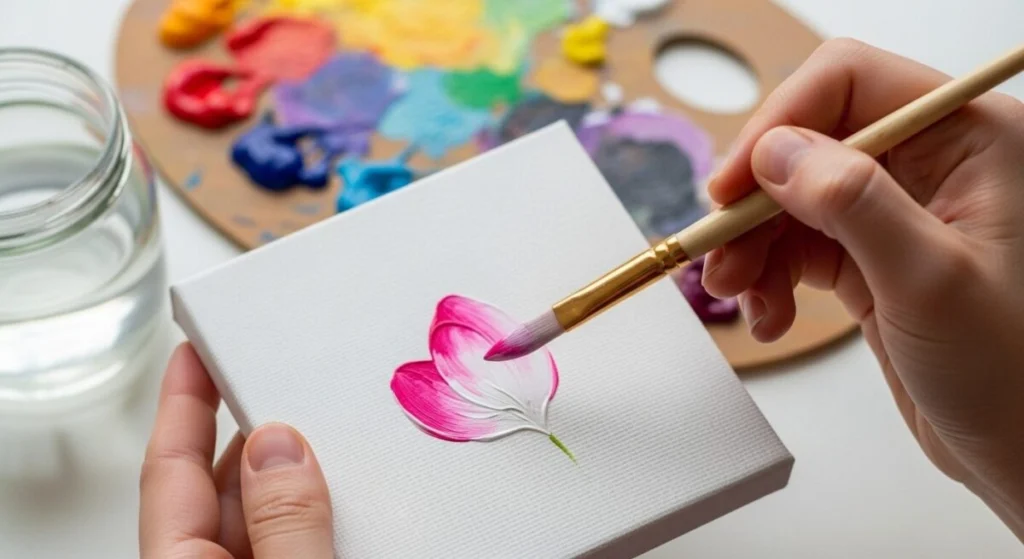 A Beginner's Guide: How to Paint Flowers for Beginners 3 How to Paint Flowers for Beginners: A close-up of a hand with a two-tone paintbrush, demonstrating the one-stroke technique on a canvas to paint a flower petal.