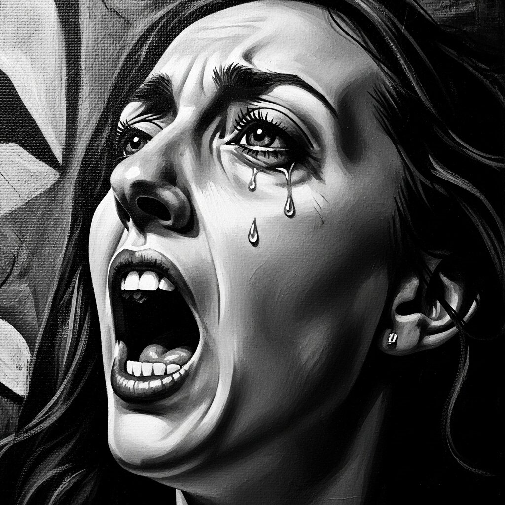 Amazing Paintings with Deep Meaning: Unlocking the Secrets of Art 4 A close-up, black-and-white image of the screaming face from Picasso's Guernica, a powerful example of paintings with deep meaning about war.