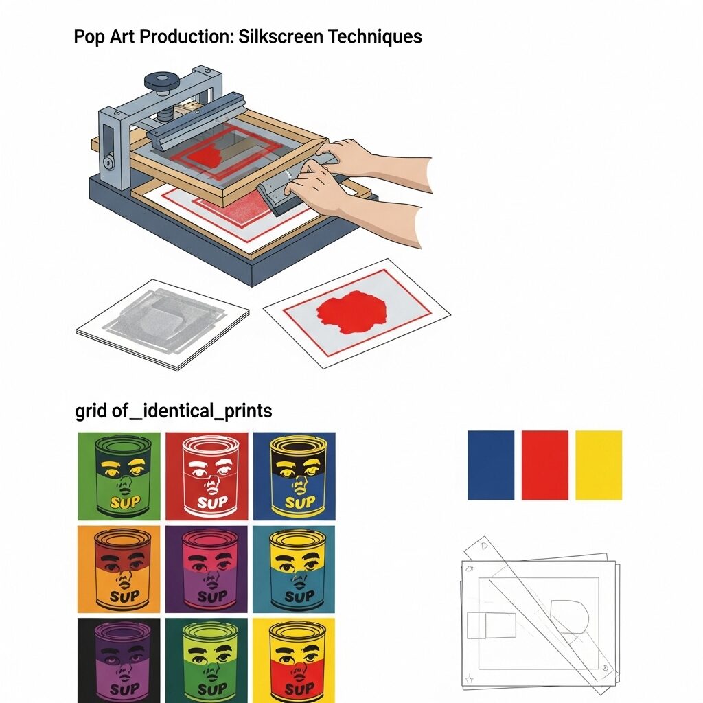 Pop art characteristics screen printing technique repetition mass production aesthetic demonstration