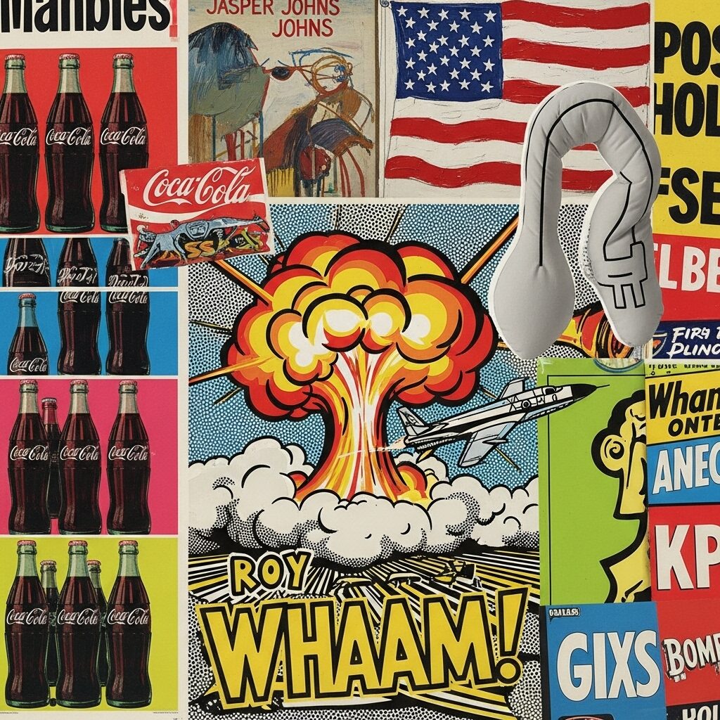 Pop art movement collage featuring works by Warhol, Lichtenstein, and other pop artists with comic book and advertising aesthetics