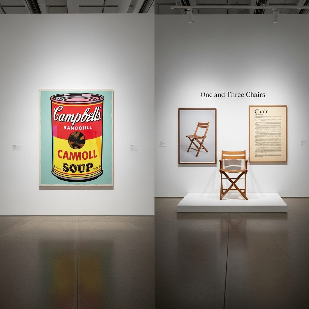 The Conceptual Art Movement: When Ideas Became Art 9 Comparison of Andy Warhol's colorful Campbell's Soup Can representing Pop Art versus Joseph Kosuth's intellectual One and Three Chairs from conceptual art movement
